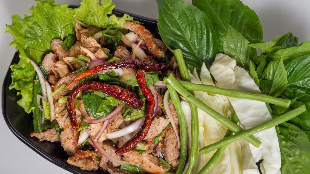 Grilled Pork Salad (Moo Nam Tok) · Sliced grilled pork, ground roasted rice, red onion, green onion, mint, cilantro mixed in spicy dressing.