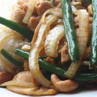 Thai Cashew Chicken · Chicken, scallions, onions, green beans, cashews, jasmine rice