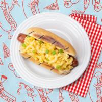 The Mac And Cheese Dog · Hot dog topped with mac and cheese on a bun.