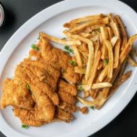 Fried Catfish · Two pieces of fried catfish served with fries.