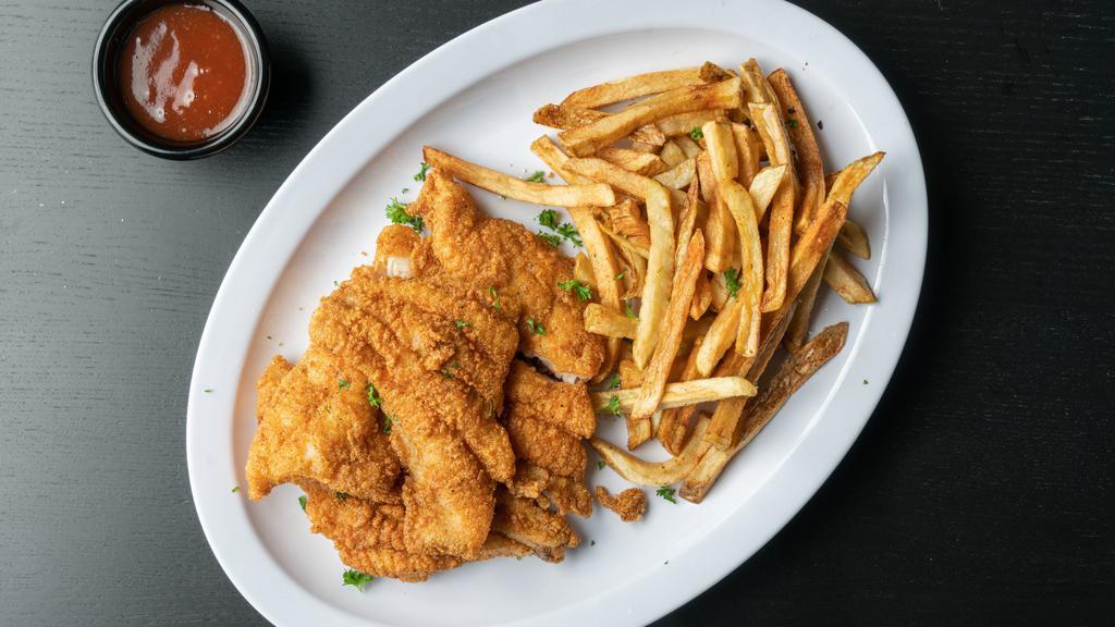 Fried Catfish · Two pieces of fried catfish served with fries.