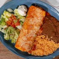 Burrito Suizo · Fully loaded burrito topped with melted cheese red salsa, filled with beans, lettuce, cheese...