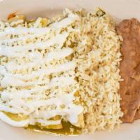 Enchiladas (3) · Vegetarian. Your choice of meat or cheese. Topped with sour cream and cheese in a green sauc...