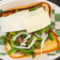 Philly Steak · Grilled onions and green peppers with melted American cheese on a toasted bun.