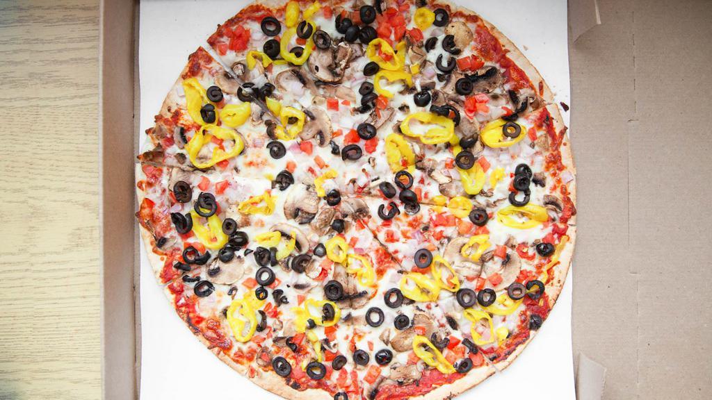 Veggie Pizza (Bambino 4 Slices) · Mushrooms, onions, green peppers, tomatoes, and black olives.