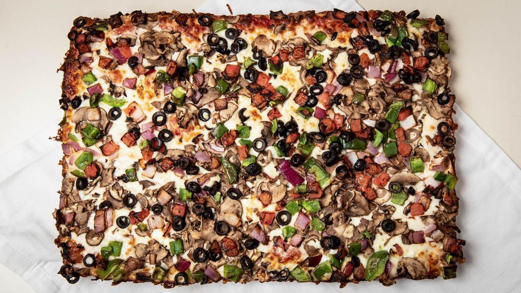Veggie Pizza (Xl 16 Slices) · Square Deep Dish. Mushrooms, onions, green peppers, tomatoes, and black olives.