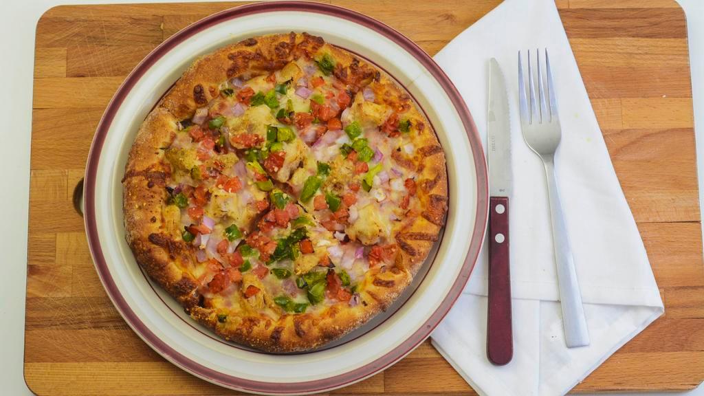 Chicken Parmesan Pizza (Xl 16 Slices) · Square Deep Dish. Grilled chicken, onions, green peppers, tomatoes and a dash of oregano and parmesan.