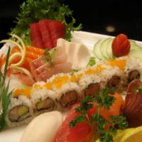 Sushi And Sashimi Entrées · 5 pieces of assorted sushi, 9 pieces of assorted sashimi and one california roll.