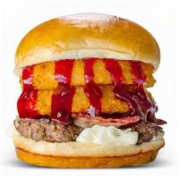 Bbq Burger · Brioche Bun, Topped with Swiss Cheese, Turkey Bacon, Onion Rings, Sweet BBq Sauce and Mayo