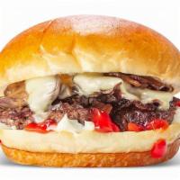 Mushroom Onion Swiss · Brioche Bun, Topped with Swiss Cheese, Caramelized Onions and Mushrooms, Ketchup and Mayo