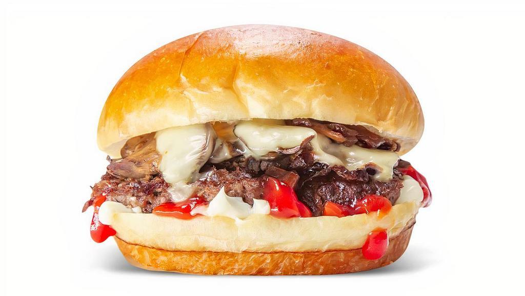 Mushroom Onion Swiss · Brioche Bun, Topped with Swiss Cheese, Caramelized Onions and Mushrooms, Ketchup and Mayo