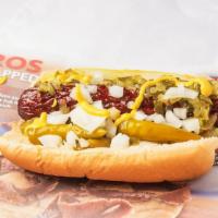 Polish Sausage · Served with mustard, onions, relish, pickle, and sports peppers.