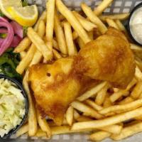 Fish & Chips · Beer battered walleye served with crispy French fries, creamy coleslaw, and homemade tartar ...
