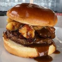 State Fair Burger · Fried cheese curds, smokehouse bacon, beef gravy and garlic aioli