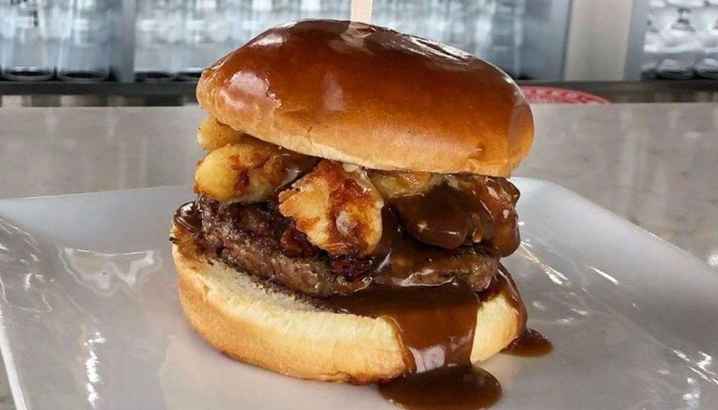 State Fair Burger · Fried cheese curds, smokehouse bacon, beef gravy and garlic aioli