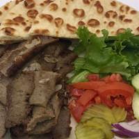 Gyro Plate · Sliced gyro meat with grilled onions served with lettuce chopped tomatoes red onions cucumbe...