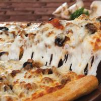 House Combo Pizza · Pepperoni beef sausage onions black olives mushrooms and mozzarella cheese.