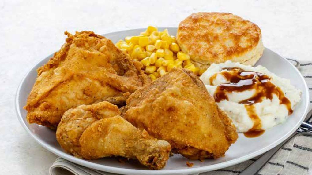 Chicken Dinner Mix · Includes 8 pieces of hand breaded chicken, 4 biscuits, and 4 sides.  Available sides: mashed potatoes, macaroni & cheese, and 3 hand breaded potato wedges
