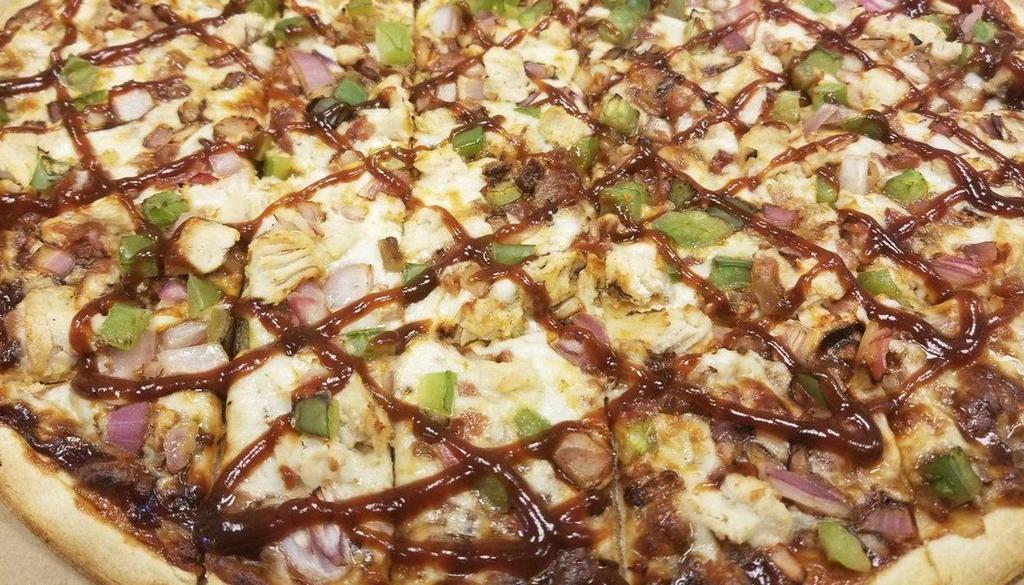 Bbq  Chicken Pizza · BBQ SAUCE-CHICKEN-BACON-ONIONS-GREEN PEPPERS-2L DRINK