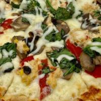 Crab & Ricotta Pizza · Lump Crab Meat, Ricotta, Roasted Red Peppers, Spinach, Mushrooms, Pistachio Pesto