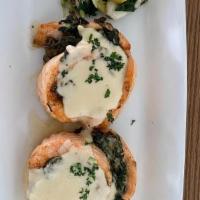 Salmon Roulades · Spinach and Boursin cheese stuffed Salmon, topped with Mornay Sauce, Yukon Gold Mashed Potat...