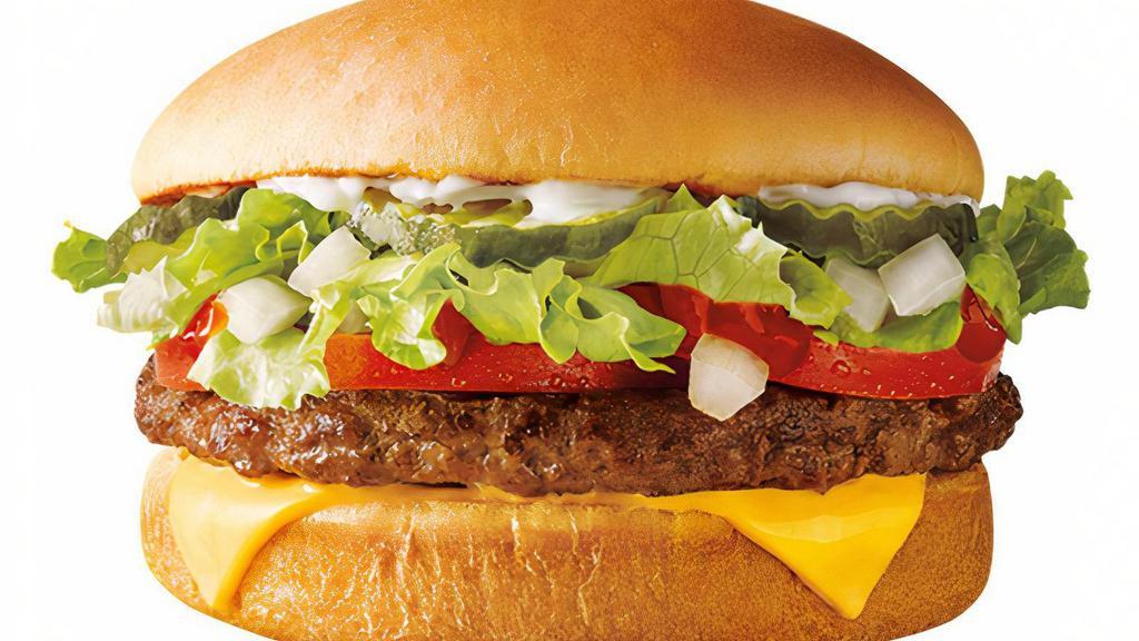 Sonic® Cheeseburger · What you see is what you get. Melty American cheese, crinkle-cut pickles, chopped onions, fresh shredded lettuce & ripe tomatoes on a perfectly seasoned, 100% pure beef patty. Straightforward and tasty, just the way it should be.