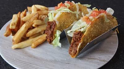 Lunch Tacos & Fries · Two tacos. Seasoned beef or chicken. Soft or crunchy. Served with natural-cut fries.