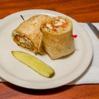 Chicken Strip Wrap · Breaded chicken strips, Provolone cheese, lettuce, and tomatoes, served with ranch dressing.