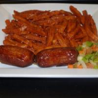 Chips Masala With 2 Kenyan Beef Sausages · Dairy free, nut free. Egg-free. Fries smothered with an in-house sauce made with crushed tom...