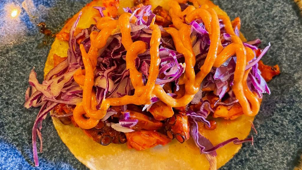Pulpo Tacos Order  · Order of 3 tacos / char grilled octopus -garnished with red onion-aioli-cabbage