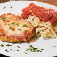 Chicken Parmigiana · Hand-breaded and pan-fried chicken breast baked with your choice of a signature Florentine s...
