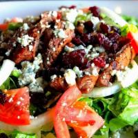 Chicken Pecan Salad · Crisp romaine lettuce, grilled chicken, onions, bell peppers, tomato, shredded cheese blend,...