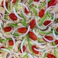Veggie Pizza (Small) · Tomato sauce, shredded mozzarella, crimini mushrooms, cherry tomatoes, green pepper & red on...