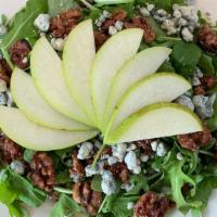 Pear & Blue Salad (Small) · Romaine, spinach & arugula, fresh cut pear, candied walnuts, and blue cheese with a raspberr...