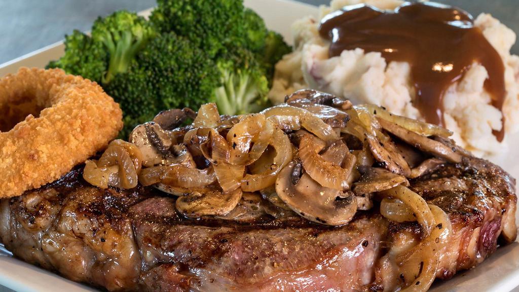 16 Oz Choice Ribeye · A 16 oz. bone-in ribeye with excellent marbling, making each bite flavorful and juicy. Served with grilled garlic bread, plus your choice of two regular sidecars.