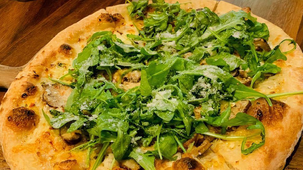 Pizza Al Funghi · garlic white sauce, wild mushrooms, gruyere, chili flakes