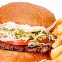 California Burger · Lettuce, tomatoes and mayo on a brown buttered bun. Served with fries.