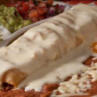 Chimichanga · A flour tortilla filled with your choice of chunks of beef or shredded chicken, deep-fried u...