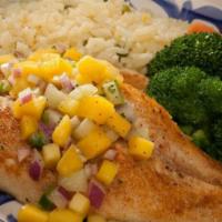 Mango Fish · Grilled tilapia grilled with olive oil, topped with fresh mango salsa. Served with rice and ...