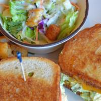 Gluten-Free Egg Salad Melt · House-made egg salad with tomato, avocado and Jack & Cheddar cheeses on toasted Gluten Free ...