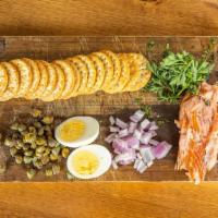 Smoked Salmon Plate · Dill cream, egg, capers, onions, crackers.