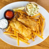 Fish & Chips · Battered with Mallards' secret recipe, fries, slaw