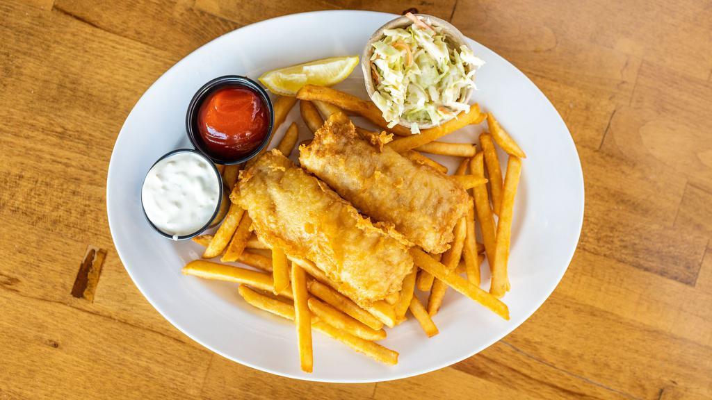 Fish & Chips · Battered with Mallards' secret recipe, fries, slaw