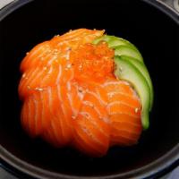 Sake Don · Fresh salmon and avocado on a bed of sushi rice and ikura . Served with miso soup
