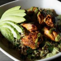 Peruvian Chicken Bowl · 5 Grain blend tossed with broccolini and Peruvian marinated chicken.  Topped with avocado an...