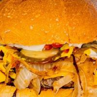 Cheeseburger · Quarter pound wide Angus burger topped with American cheese, mustard, ketchup, lettuce, chop...