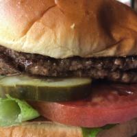 Double Hamburger · Two quarter pound wide Angus burger topped with mustard, ketchup, lettuce, chopped onions, p...