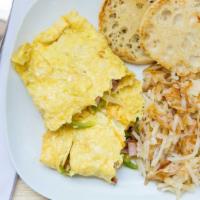 Denver Omelette · Ham, cheese, onion, green peppers with hash brown and toast.