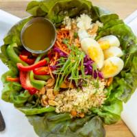 Quinoa Bowl · Gluten-free, vegan. Quinoa, bibb lettuce, organic hardboiled egg, red peppers, carrots, mapl...