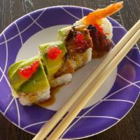Dragon · Shrimp tempura, cucumber, and asparagus topped w/ eel, masago, and avocado w/ Eel sauce.